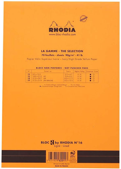 Rhodia Block R No16 Notizblock 70 Blätter A5 Geregelt Orange