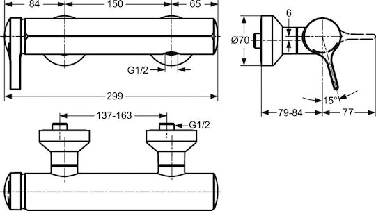 Смесител Ideal Standard Melange A4269 стенен душ 40 мм керамичен затвор многопортов Ideal Standard без аксесоари метална дръжка индикатор за топла и студена вода възвратен клапан