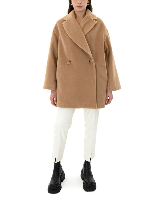 MY T Women's Long Coat with Buttons Camel