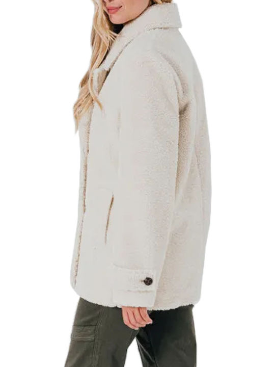 C'est Beau La Vie Women's Curly Short Half Coat with Buttons and Fur Ecru