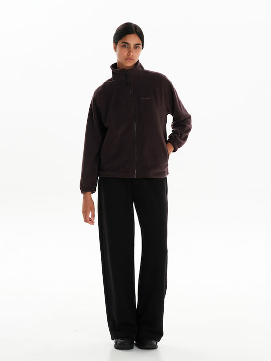 Fleece Γυναικεία Ζακέτα με Φερμουάρ σε Καφέ Χρώμα