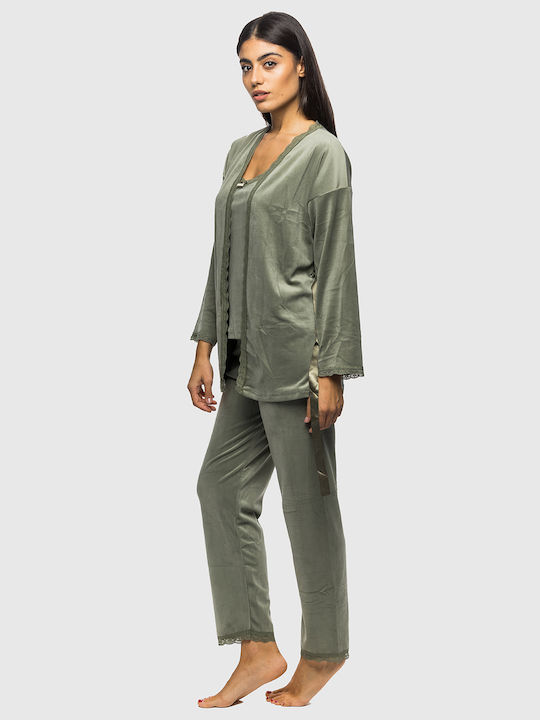 Mihra Winter Women's Velvet Robe with Pyjama HAKI