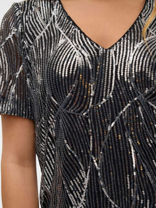 Women's Blouse Short Sleeve with V Neckline Black