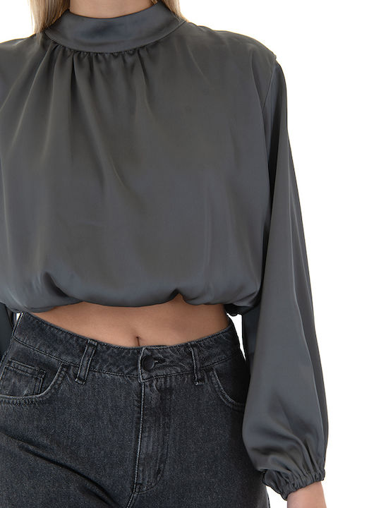 Γυναικείο Crop Top Σατέν Μακρυμάνικο Γκρι