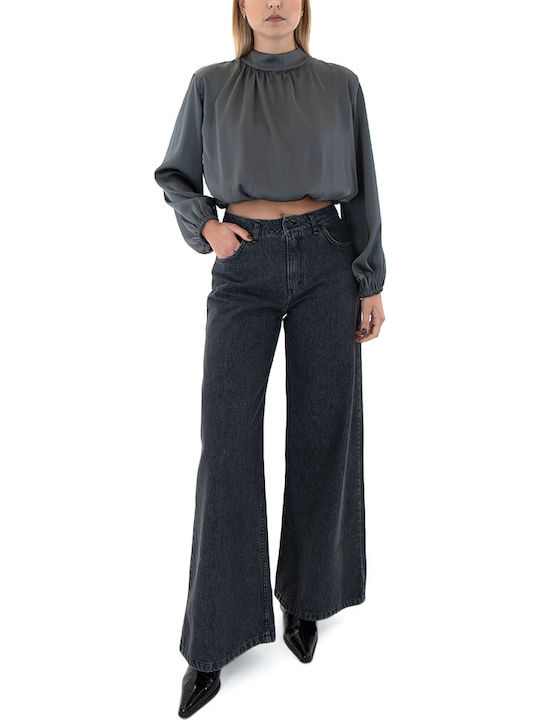 Γυναικείο Crop Top Σατέν Μακρυμάνικο Γκρι