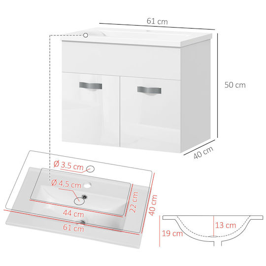 Kleankin Πάγκος με Νιπτήρα Μ61xΒ50xΥ40cm Λευκό Γυαλιστερό