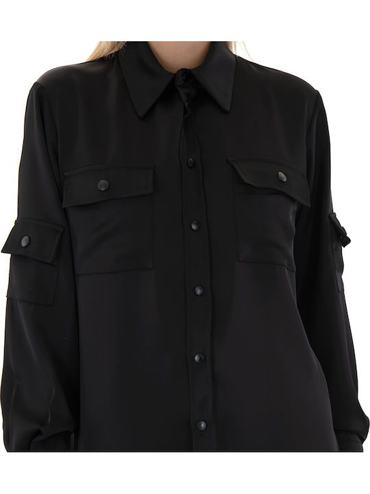 Shirt Μακρυμάνικο Γυναικείο Σατέν Πουκάμισο Μαύρο