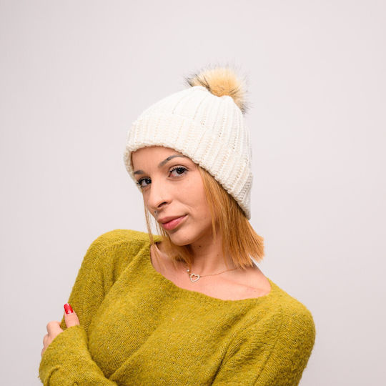 Pom Pom Beanie Beanie with Rib Knit in Beige color