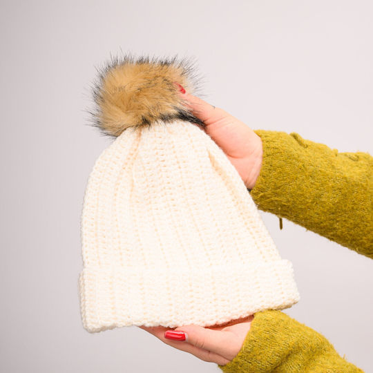 Pom Pom Beanie Beanie with Rib Knit in Beige color