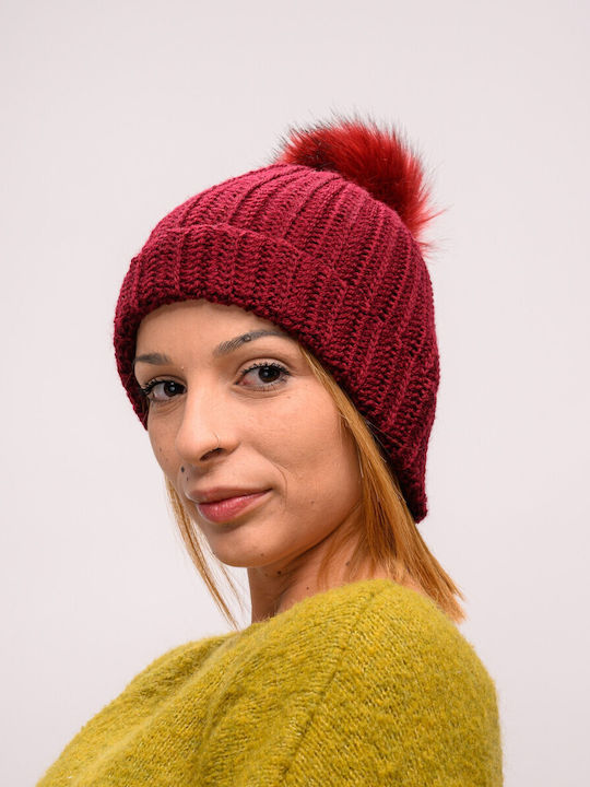 Pom Pom Beanie Γυναικείος Σκούφος με Rib Πλέξη σε Μπορντό χρώμα