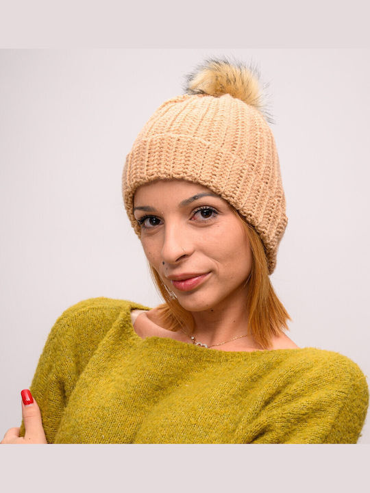 Pom Pom Beanie Γυναικείος Σκούφος με Rib Πλέξη σε Μπεζ χρώμα