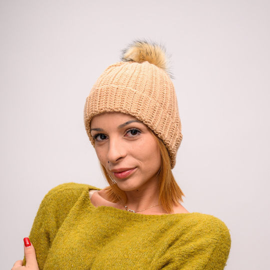 Pom Pom Beanie Beanie with Rib Knit in Beige color
