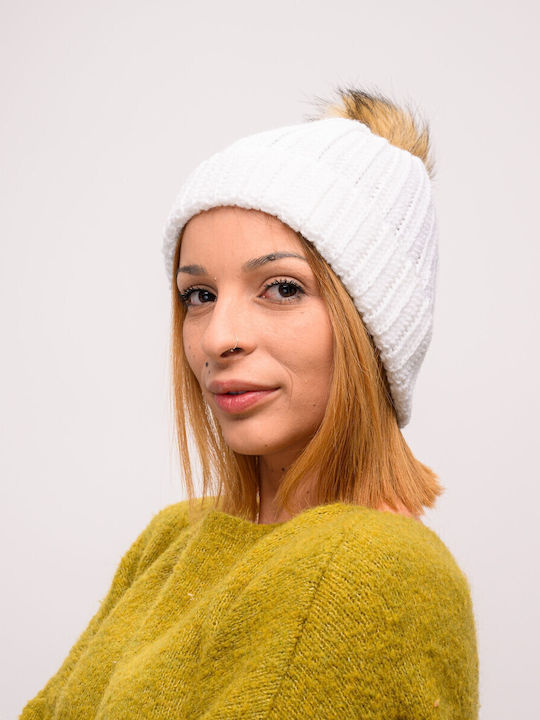 Pom Pom Beanie Frauen Beanie mit Rippstrick in Weiß Farbe