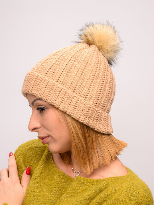 Pom Pom Beanie Γυναικείος Σκούφος με Rib Πλέξη σε Μπεζ χρώμα