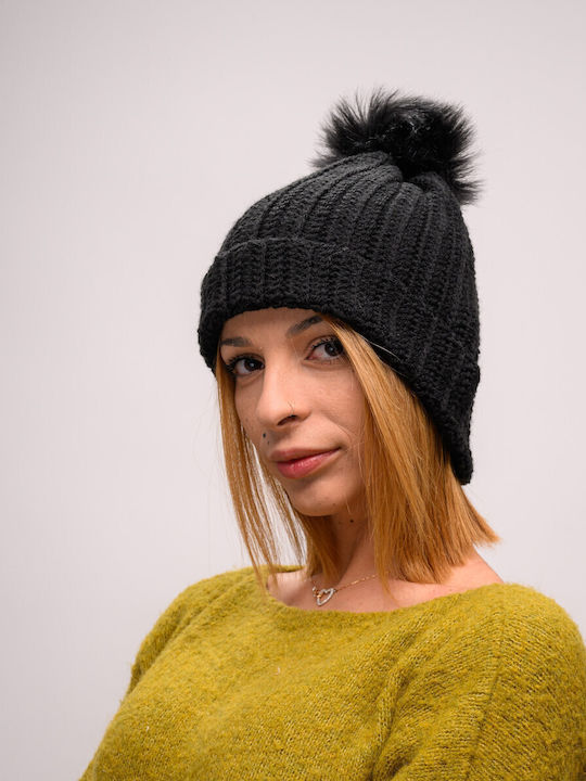 Pom Pom Beanie Frauen Beanie mit Rippstrick in Schwarz Farbe