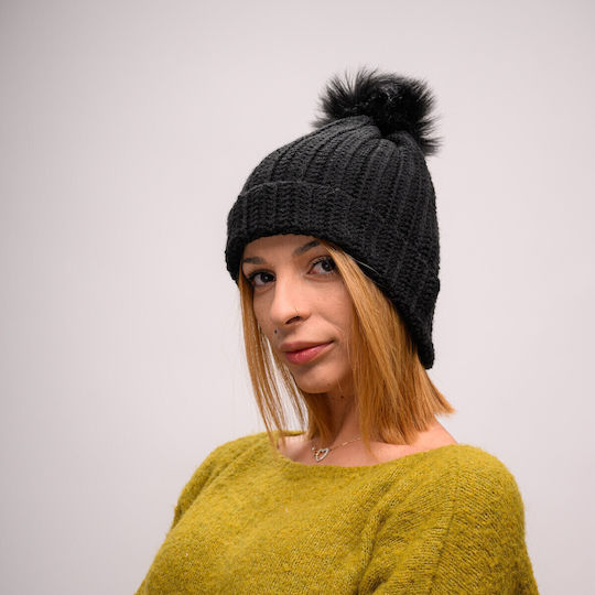Pom Pom Beanie Beanie with Rib Knit in Black color