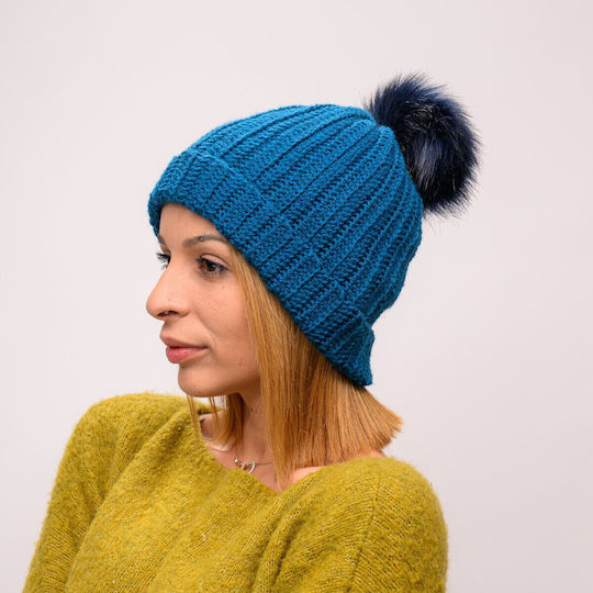 Pom Pom Beanie Beanie with Rib Knit in Blue color