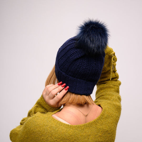 Pom Pom Beanie Beanie with Rib Knit in Navy Blue color