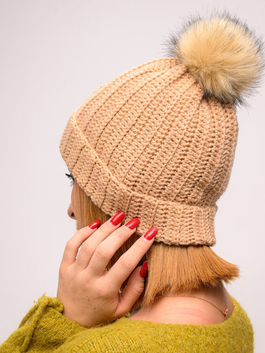 Pom Pom Beanie Γυναικείος Σκούφος με Rib Πλέξη σε Μπεζ χρώμα