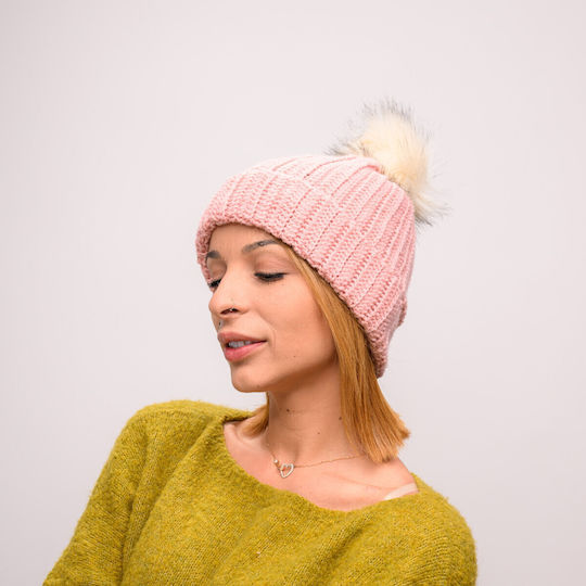 Pom Pom Beanie Γυναικείος Σκούφος με Rib Πλέξη σε Ροζ χρώμα