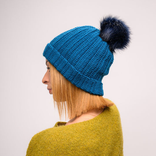 Pom Pom Beanie Beanie with Rib Knit in Blue color