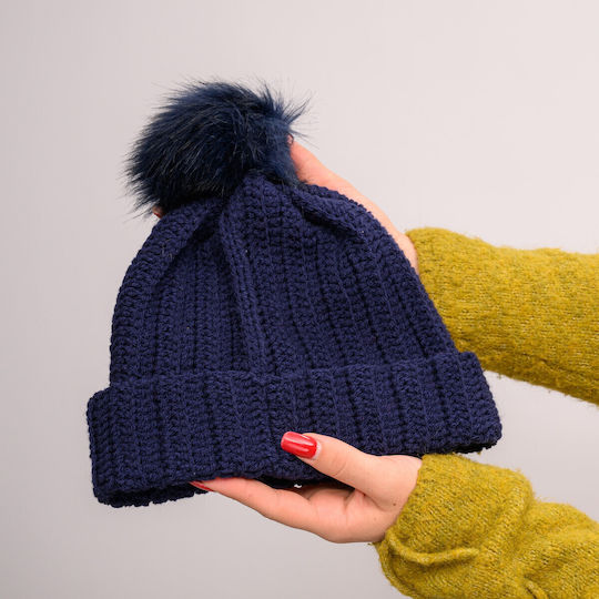 Pom Pom Beanie Beanie with Rib Knit in Navy Blue color