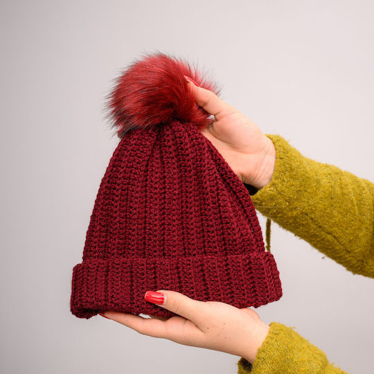 Pom Pom Beanie Frauen Beanie mit Rippstrick in Burgundisch Farbe
