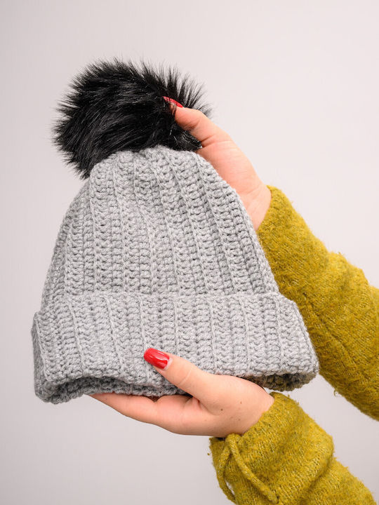 Pom Pom Beanie Feminin Căciulă cu Tricotaj Rib în culoarea Gri