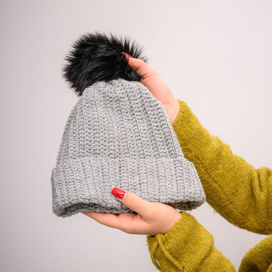 Pom Pom Beanie Feminin Căciulă cu Tricotaj Rib în culoarea Gri
