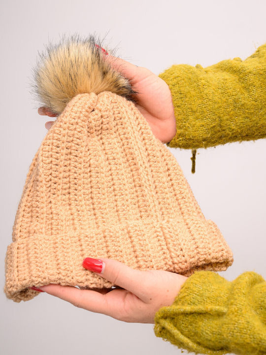 Pom Pom Beanie Γυναικείος Σκούφος με Rib Πλέξη σε Μπεζ χρώμα