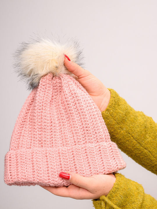 Pom Pom Beanie Γυναικείος Σκούφος με Rib Πλέξη σε Ροζ χρώμα
