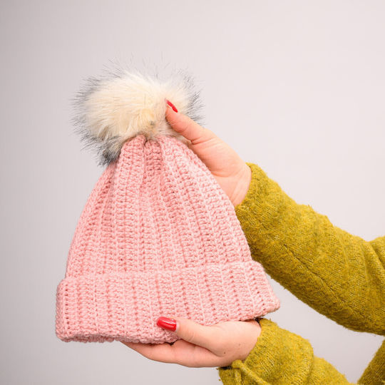 Pom Pom Beanie Γυναικείος Σκούφος με Rib Πλέξη σε Ροζ χρώμα
