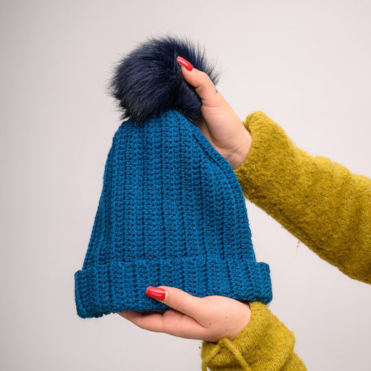 Pom Pom Beanie Beanie with Rib Knit in Blue color