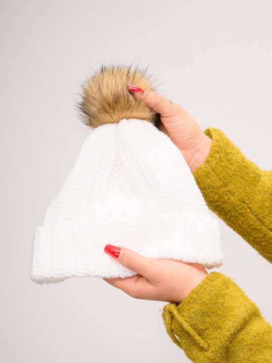 Pom Pom Beanie Frauen Beanie mit Rippstrick in Weiß Farbe