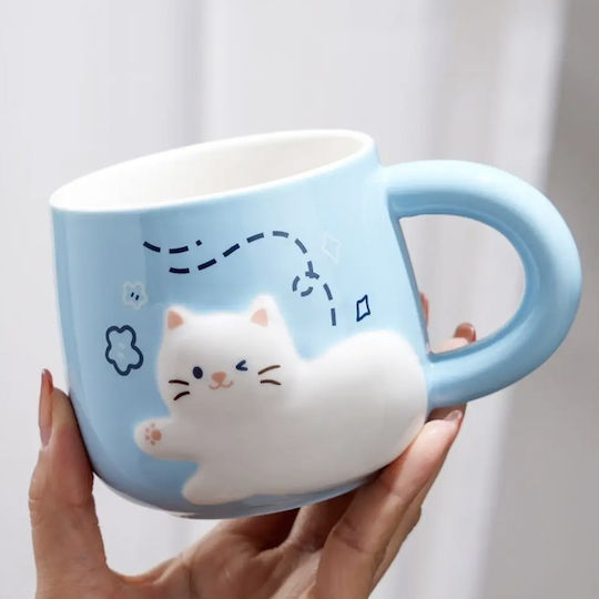 Ceramic Mug Lid Spoon Pufo Happy Kitty Coffee Tea 350 Ml Blue Ceramic Mug Lid Spoon Pufo Happy Kitty Coffee Tea 350 Ml Blue