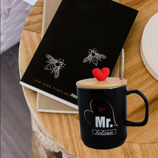 Keramiktasse Bamboo Deckel Pufo Mr Believe Kaffee Tee 340 ml Schwarze