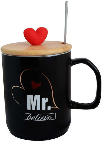 Keramiktasse Bamboo Deckel Pufo Mr Believe Kaffee Tee 340 ml Schwarze