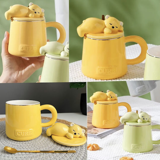 Ceramic Mug Lid Spoon Pufo Sleepy Bear Coffee Tea 320 Ml Yellow