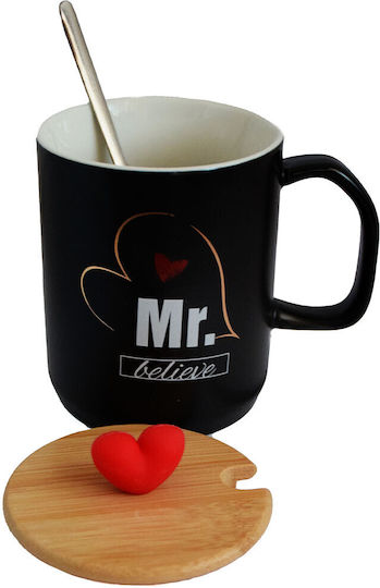 Keramiktasse Bamboo Deckel Pufo Mr Believe Kaffee Tee 340 ml Schwarze