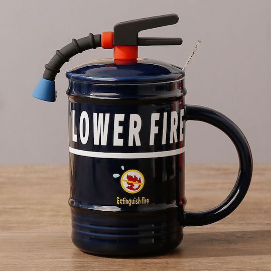 Ceramic Mug Lid Pufo Stop Fire Spoon Coffee Tea 400 Ml Blue