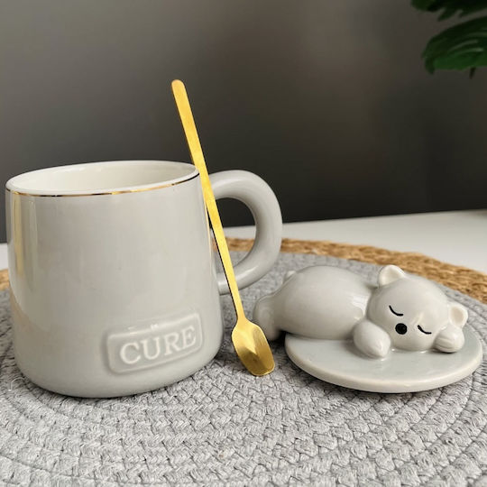 Ceramic Mug Lid Spoon Pufo Sleepy Bear Coffee Tea 320 Ml Gray