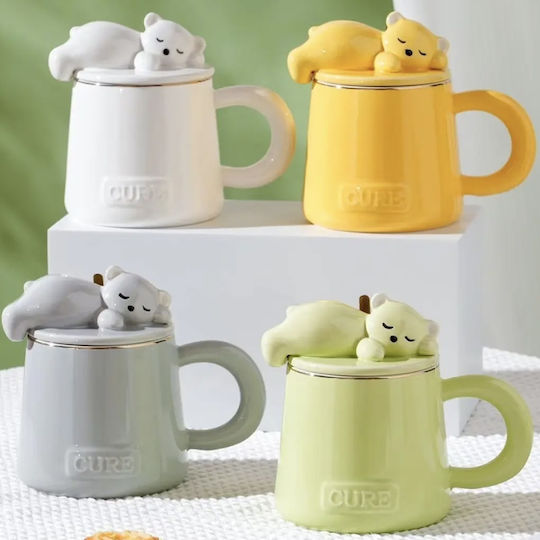 Ceramic Mug Lid Spoon Pufo Sleepy Bear Coffee Tea 320 Ml Gray