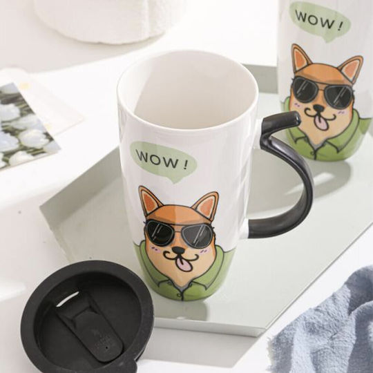 Stylish Ceramic High Mug Lid Pufo Coffee Tea 450 Ml