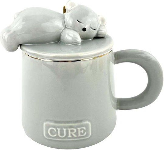 Ceramic Mug Lid Spoon Pufo Sleepy Bear Coffee Tea 320 Ml Gray