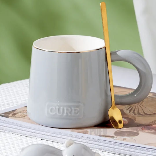 Ceramic Mug Lid Spoon Pufo Sleepy Bear Coffee Tea 320 Ml Gray