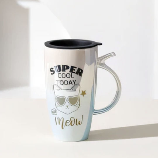 Cana Ceramică Înaltă Cu Capac Pufo Cool Today Cafea Ceai 450 Ml