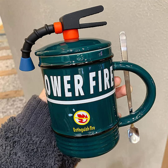 Ceramic Mug Lid Pufo Stop Fire Spoon Coffee Tea 400 Ml Green
