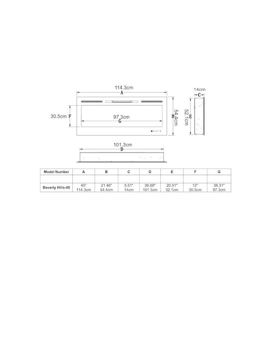 Hitense Wall Mounted Electric Fireplace 1600W 114.3x14cm Black
