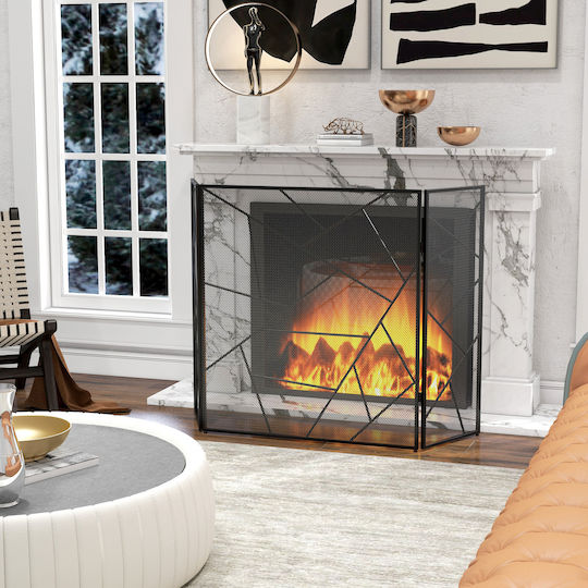 HomCom Metallic Fireplace Screen with Panels 135x85cm Black