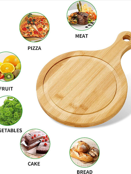 Round Bamboo Wooden Serving Platter with Handle for Food Appetizers and Pizza 38 cm Brown